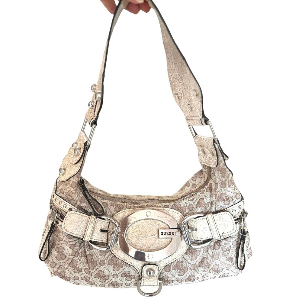 Guess Y2K baguette bag cream beige monogram canvas pattern glam silver hardware
